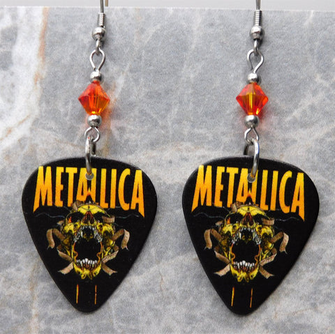 Metallica Screaming Skull Logo Guitar Pick Earrings with Fire Opal Swarovski Crystals
