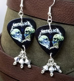 Metallica Skulls Guitar Pick Earrings with Metallic Silver Swarovski Crystal Dangles