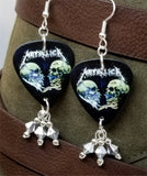 Metallica Skulls Guitar Pick Earrings with Metallic Silver Swarovski Crystal Dangles