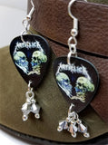 Metallica Skulls Guitar Pick Earrings with Metallic Silver Swarovski Crystal Dangles