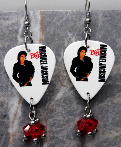 Michael Jackson Bad Guitar Pick Earrings with Red Swarovski Crystal Dangles