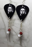 Michael Myers Halloween Guitar Pick Earrings with Knife Charm and Swarovski Crystal Dangles