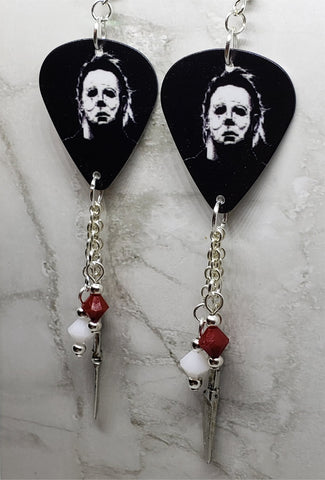 Michael Myers Halloween Guitar Pick Earrings with Knife Charm and Swarovski Crystal Dangles
