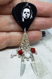 Michael Myers Halloween Guitar Pick Earrings with Knife Charm and Swarovski Crystal Dangles