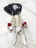 Michael Myers Halloween Guitar Pick Earrings with Knife Charm and Swarovski Crystal Dangles