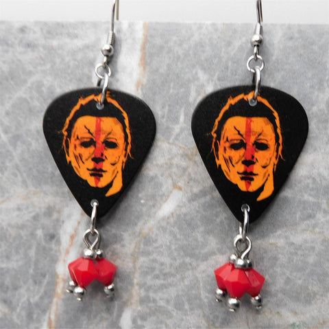 Halloween Movie Michael Myers Guitar Pick Earrings with Opaque Red Swarovski Crystal Dangles
