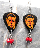 Halloween Movie Michael Myers Guitar Pick Earrings with Opaque Red Swarovski Crystal Dangles