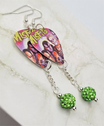 Misfits Famous Monsters Guitar Pick Earrings with Green Pave Bead Dangles