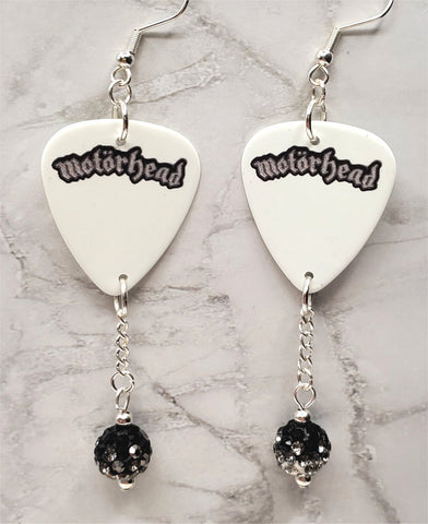 Motorhead Guitar Pick Earrings with Black to White Ombre Pave Bead Dangles