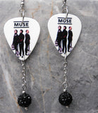 Muse Group Photo Guitar Pick Earrings with Black Pave Bead Dangles