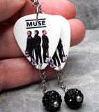 Muse Group Photo Guitar Pick Earrings with Black Pave Bead Dangles