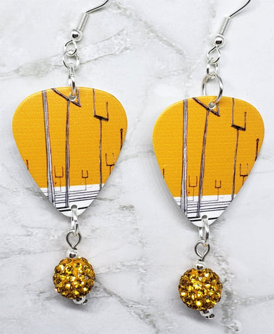 Muse Origin of Symmetry Guitar Pick Earrings with Orange Pave Bead Dangles