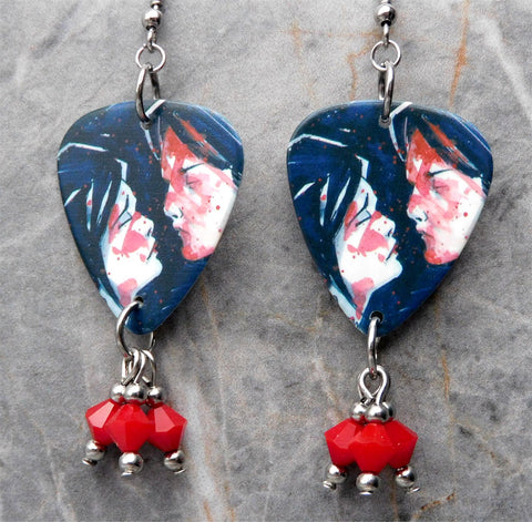 My Chemical Romance Three Cheers for Sweet Revenge Guitar Pick Earrings with Red Swarovski Crystal Dangles