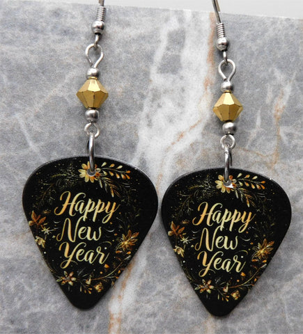 Happy New Year Guitar Pick Earrings with Gold Swarovski Crystals
