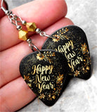 Happy New Year Guitar Pick Earrings with Gold Swarovski Crystals