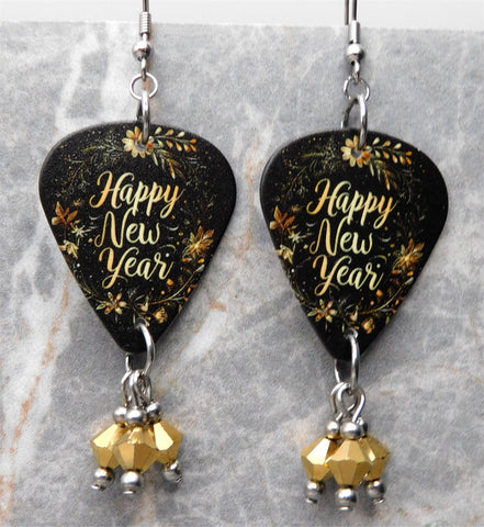 Happy New Year Guitar Pick Earrings with Gold Swarovski Crystals Dangles