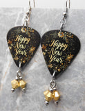 Happy New Year Guitar Pick Earrings with Gold Swarovski Crystals Dangles