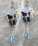 Nickelback Group Photo Guitar Pick Earrings with Aqua Swarovski Crystal Dangles