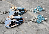 Nickelback Group Photo Guitar Pick Earrings with Aqua Swarovski Crystal Dangles