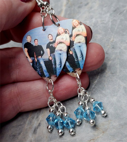 Nickelback Group Photo Guitar Pick Earrings with Aqua Swarovski Crystal Dangles