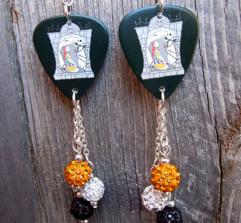 Jack Skellington and Sally Nightmare Before Christmas Guitar Pick Earrings with Pave Bead Dangles