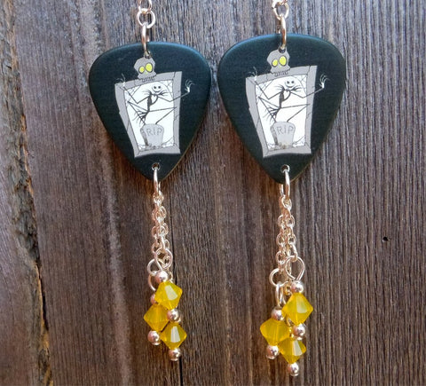 Jack Skellington on A Grave Guitar Pick Earrings with Yellow Opal Swaovski Crystal Dangles