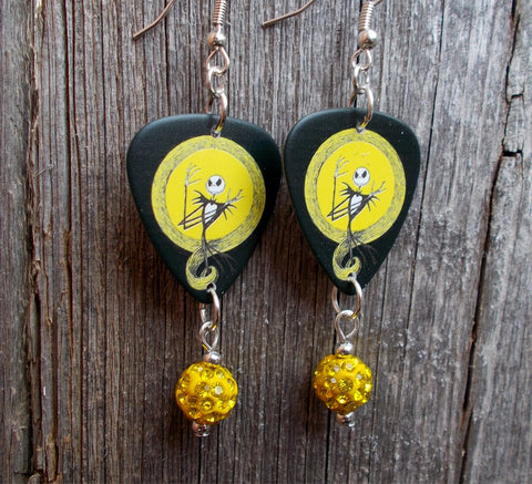 A Nightmare Before Christmas Jack Skellington Guitar Pick Earrings with Yellow Pave Bead Dangles
