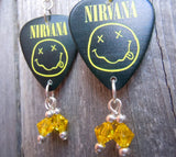 Nirvana Smiley Face Guitar Pick Earrings with Yellow Swarovski Crystal Dangles