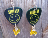 Nirvana Smiley Face Guitar Pick Earrings with Yellow Swarovski Crystal Dangles