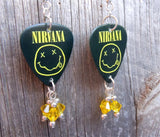 Nirvana Smiley Face Guitar Pick Earrings with Yellow Swarovski Crystal Dangles