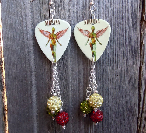 Nirvana In Utero Guitar Pick Earrings with Pave Bead Dangles