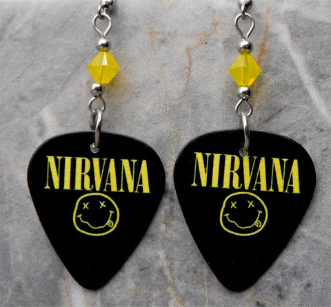 Nirvana Smiley Face Guitar Pick Earrings with Yellow Opal Swarovski Crystals