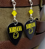 Nirvana Smiley Face Guitar Pick Earrings with Yellow Opal Swarovski Crystals