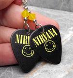 Nirvana Smiley Face Guitar Pick Earrings with Yellow Opal Swarovski Crystals