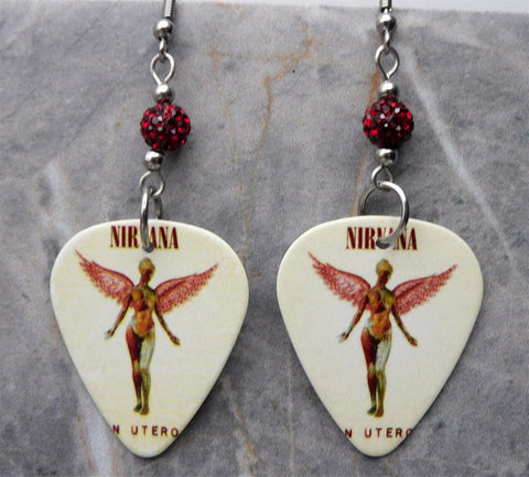 Nirvana In Utero Guitar Pick Earrings with Dark Red Pave Beads