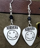 Nirvana Smiley Face Guitar Pick Earrings with Black Swarovski Crystals