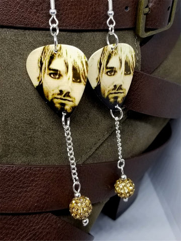 Nirvana Kurt Cobain Guitar Pick Earrings with Tan Pave Bead Dangles