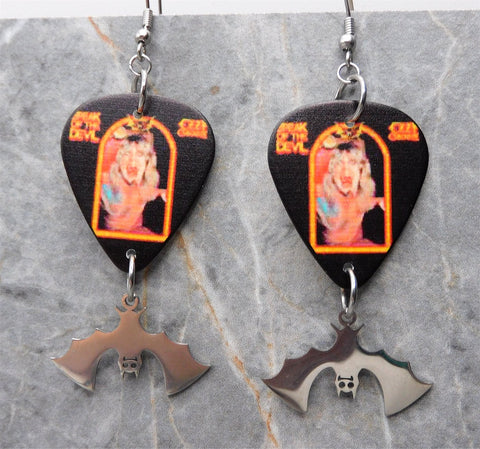 Ozzy Osbourne Speak of the Devil Guitar Pick Earrings with Hanging Stainless Steel Bat Charms