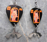 Ozzy Osbourne Speak of the Devil Guitar Pick Earrings with Hanging Stainless Steel Bat Charms