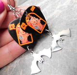 Ozzy Osbourne Speak of the Devil Guitar Pick Earrings with Hanging Stainless Steel Bat Charms