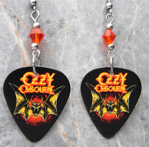 Ozzy Osbourne Bat Guitar Pick Earrings with Orange Swarovski Crystals