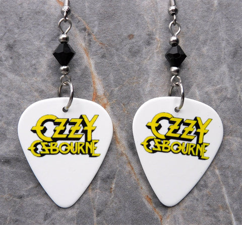 Ozzy Osbourne White Guitar Pick Earrings with Black Swarovski Crystals