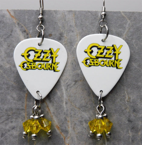 Ozzy Osbourne White Guitar Pick Earrings with Yellow Swarovski Crystal Dangles