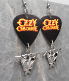 Ozzy Osbourne Black Guitar Pick Earrings with Hanging Bat Charms
