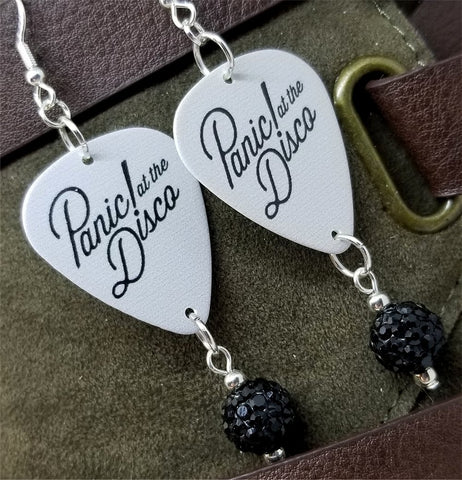Panic at the Disco Gray Guitar Pick Earrings with Black Pave Bead Dangles