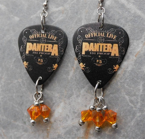 Pantera Official Live 101 Proof Guitar Pick Earrings with Orange Swarovski Crystal Dangles