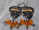 Pantera Official Live 101 Proof Guitar Pick Earrings with Orange Swarovski Crystal Dangles