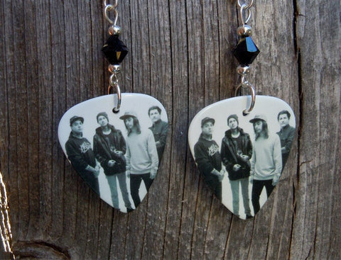 Pierce the Veil Group Picture Guitar Pick Earrings with Black Swarovski Crystals