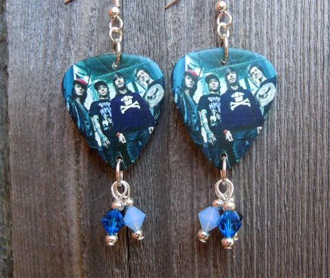 Pierce the Veil Group Photo Guitar Pick Earrings with Blue Swarovski Crystal Dangles