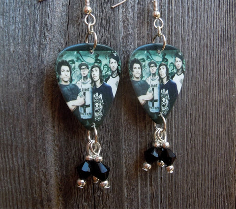 Pierce the Veil Group Photo Guitar Pick Earrings with Black Swarovski Crystal Dangles